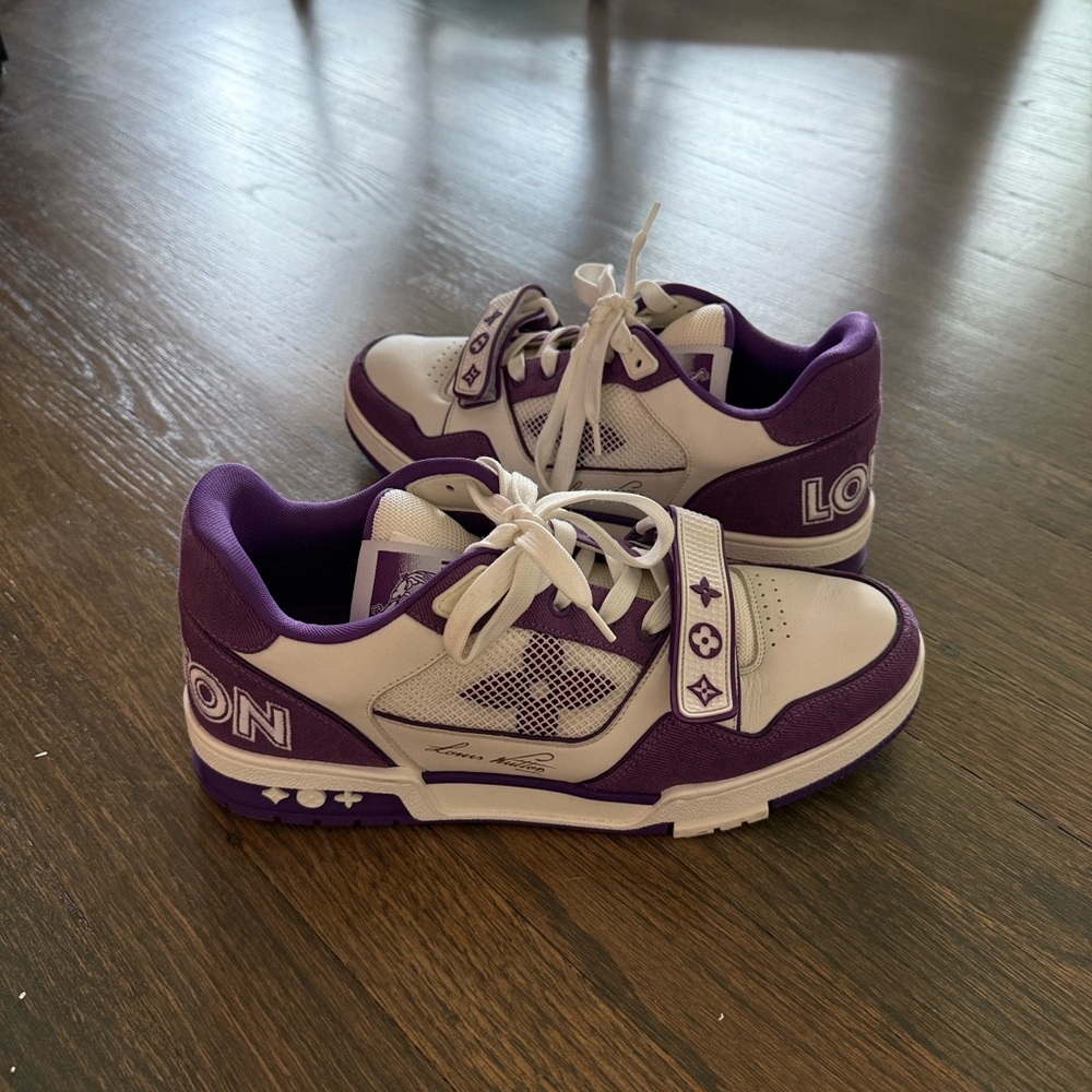 Limited Edition Louis Vuitton LV Trainer Monogram Strap Sneakers (White/Purple).